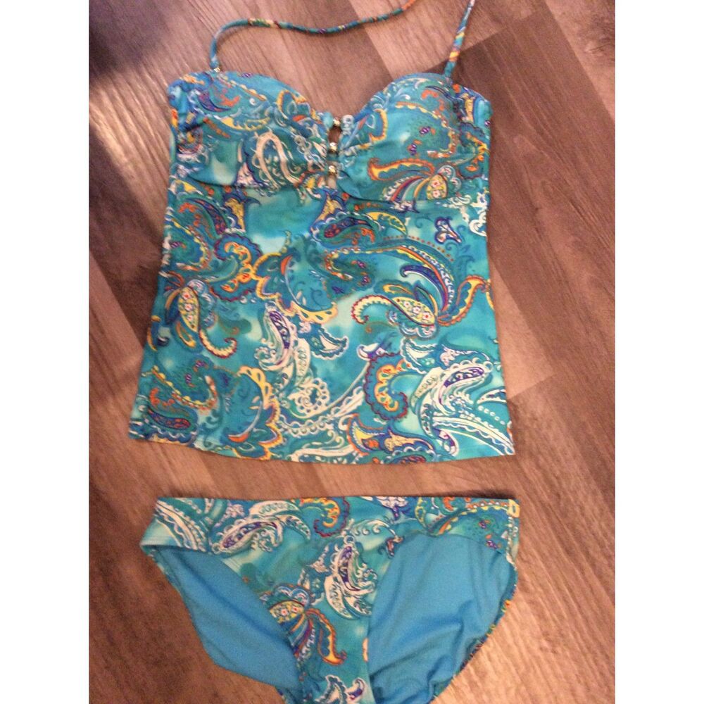 Lauren Ralph Lauren Aqua Blue Paisley Print 2 Piece Swim Suit Size 6